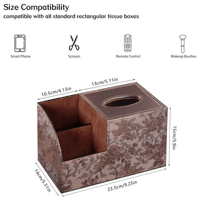 Fanousy Square Tissue Box Cover with Storage, PU Leather Cube Tissue Box Holder, Remote Control Nightstand Organizer, Modern Desk Caddy for End Table, Bathroom, Bedroom, Home, Office Decor