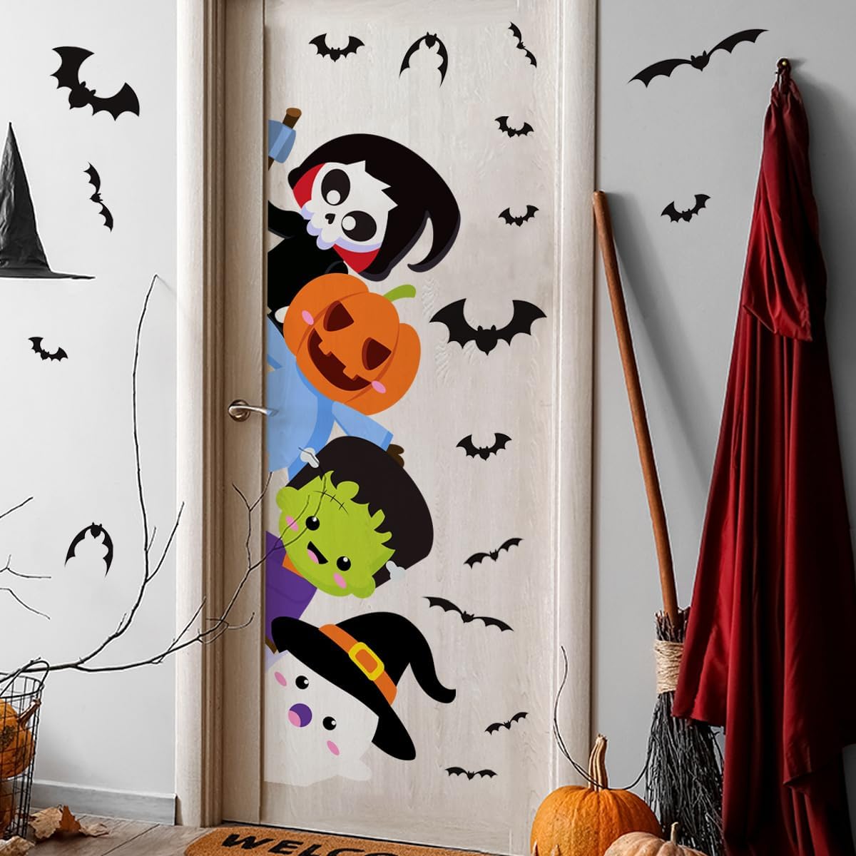 44.88 x 15.75 Inch Halloween Door Sticker Cute Halloween Pumpkin Demon Expression Ghost Green Monster Door Decal for Window Wall Party Decoration