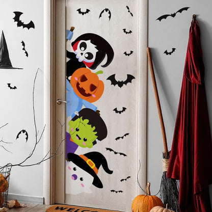 44.88 x 15.75 Inch Halloween Door Sticker Cute Halloween Pumpkin Demon Expression Ghost Green Monster Door Decal for Window Wall Party Decoration