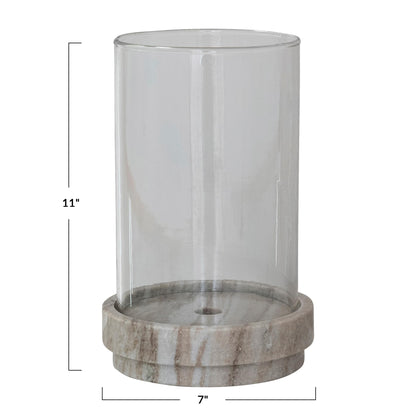 Creative Co-Op Round Marble Taper/Pillar Candle Holder with Glass Hurricane, Beige Finish
