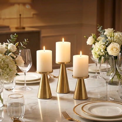 Gold Iron Plate Candle Holder Set of 3-4 & 4.7 & 6.4 Inch Tall, Decorative Iron Pillar Candle Plate, Elegant Candle Stand for LED & Wax Candles, Incense Cones, Spa, Weddings (Candles Not Including)