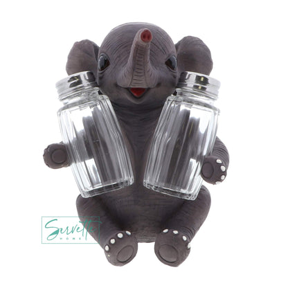 Jungle Animals Kitchen Décor Novelty Salt and Pepper Shaker Set With Holder - Baby Elephant