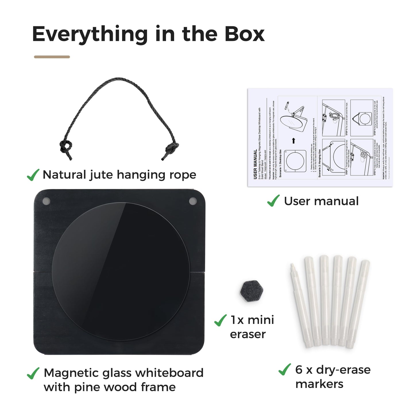 TOWON Glass Desktop Whiteboard with Solid Wood Stand - Foldable Mini Dry Erase Board for Desk - 2-in-1 Tabletop & Hanging Memo Board for Office Decor, Magnetic, Black and Round