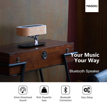 AMPULLA Masdio by Ampulla Bedside Lamp with Bluetooth Speaker and Wireless Charger, Table Lamp Desk Lamp with Sleep Mode Stepless Dimming