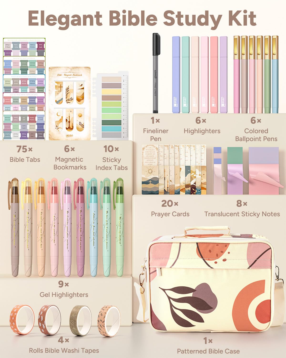 WEMATE 146PCS Bible Journaling Kit with Bag, No Bleed Highlighters and Pens, Tabs, Prayer Cards, Washi Tape, Sticky Notes, Annotation Study Supplies, Christian Gift for Women, College Stationery