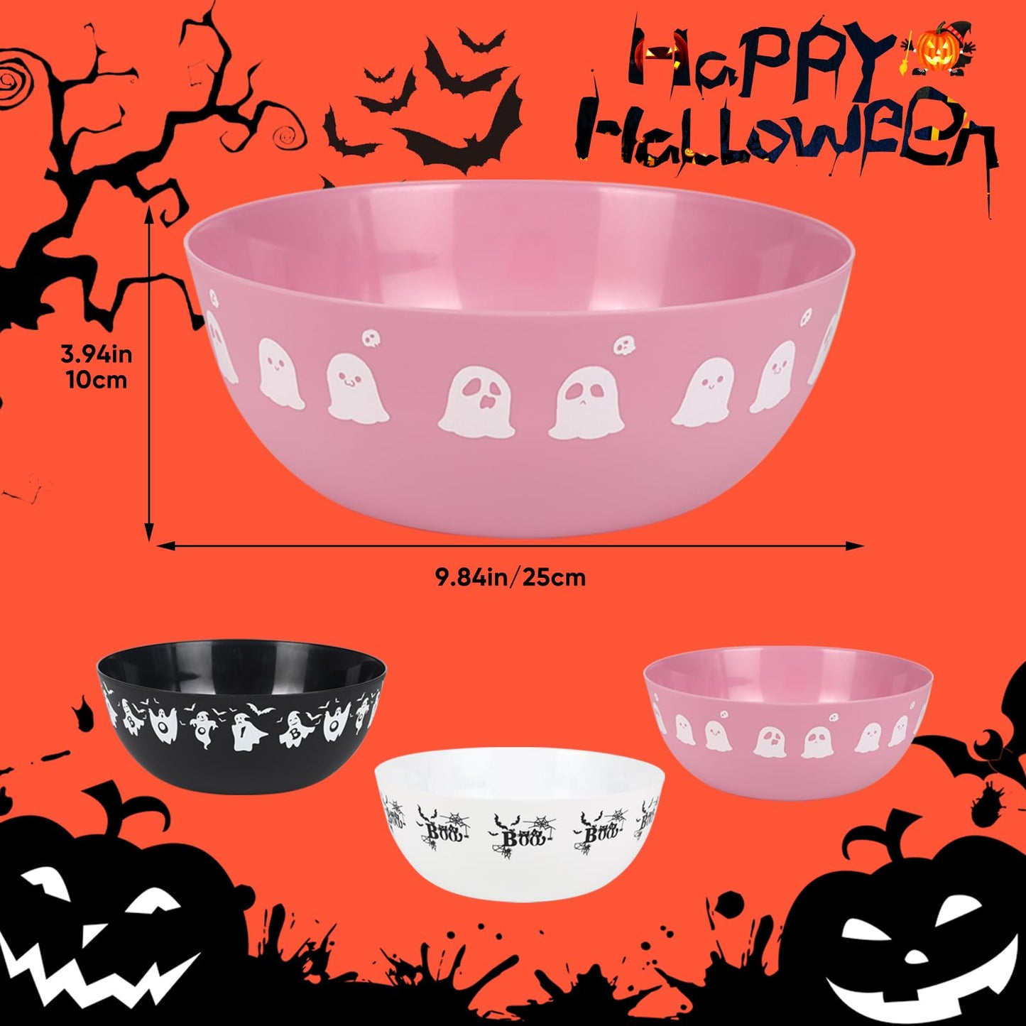 AUECOOME 3 Pieces Halloween Candy Bowl - Large Plastic Trick or Treat Bowls, Reusable Serving for Halloween Party Supplies (Black White Pink)