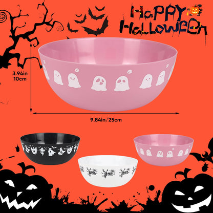 AUECOOME 3 Pieces Halloween Candy Bowl - Large Plastic Trick or Treat Bowls, Reusable Serving for Halloween Party Supplies (Black White Pink)