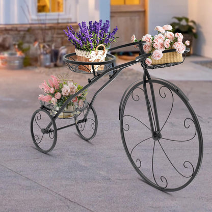 DOONARCES 3 Pots Tricycle Plant Stand Iron Tricycle Shape Black Planter Rack Flower Holder Indoor Outdoor Floral Displaying Rack for Home Garden Patio Decor DIY (Black)