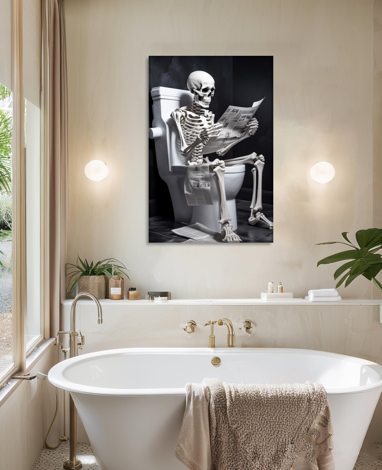 Canvas Wall Art Bathroom Decor Skeleton Sitting on Toilet Reading the Newspaper Picture Funny Skull Painting Modern Artwork for Home Decor Framed(Art-1,16.00"x24.00")