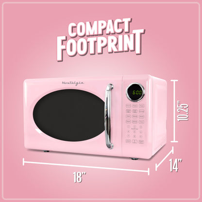 Nostalgia Retro Microwave Oven 0.7 Cu Ft, 700-Watt Countertop Size with Glass Turntable, Child Safety Lock, 8 Auto-Cook Programs, Digital Clock, Pink