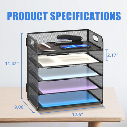 Supeasy 5 Trays Paper Organizer Letter Tray with Handle-Mesh Desk File Holders, Paper Sorter Desk Organizer for Office, Home, Classroom or School