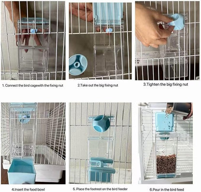 Automatic No Mess Bird Cage Feeder and Water Dispenser Set for Parakeet Cockatiel Parrot Lovebird, 2 in 1 Cage Hanging Food Bowl for Small Birds, No Spill Bird Feeder Container
