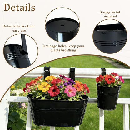 Joyfernal Set of 6 Balcony Hanging Planters, 2 Pcs 17" Metal Railing Flower Pots & 2 Pcs 12" Deck Planter & 2 Pcs 4" Fence Pot for Outdoor Patio Garden Décor, Black