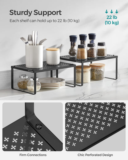 SONGMICS Spice Racks, Set of 2 Metal Cabinet Shelf Organizers, Countertop Organizers, Shelf Risers, Stackable, Expandable, Silver UKCS01SV