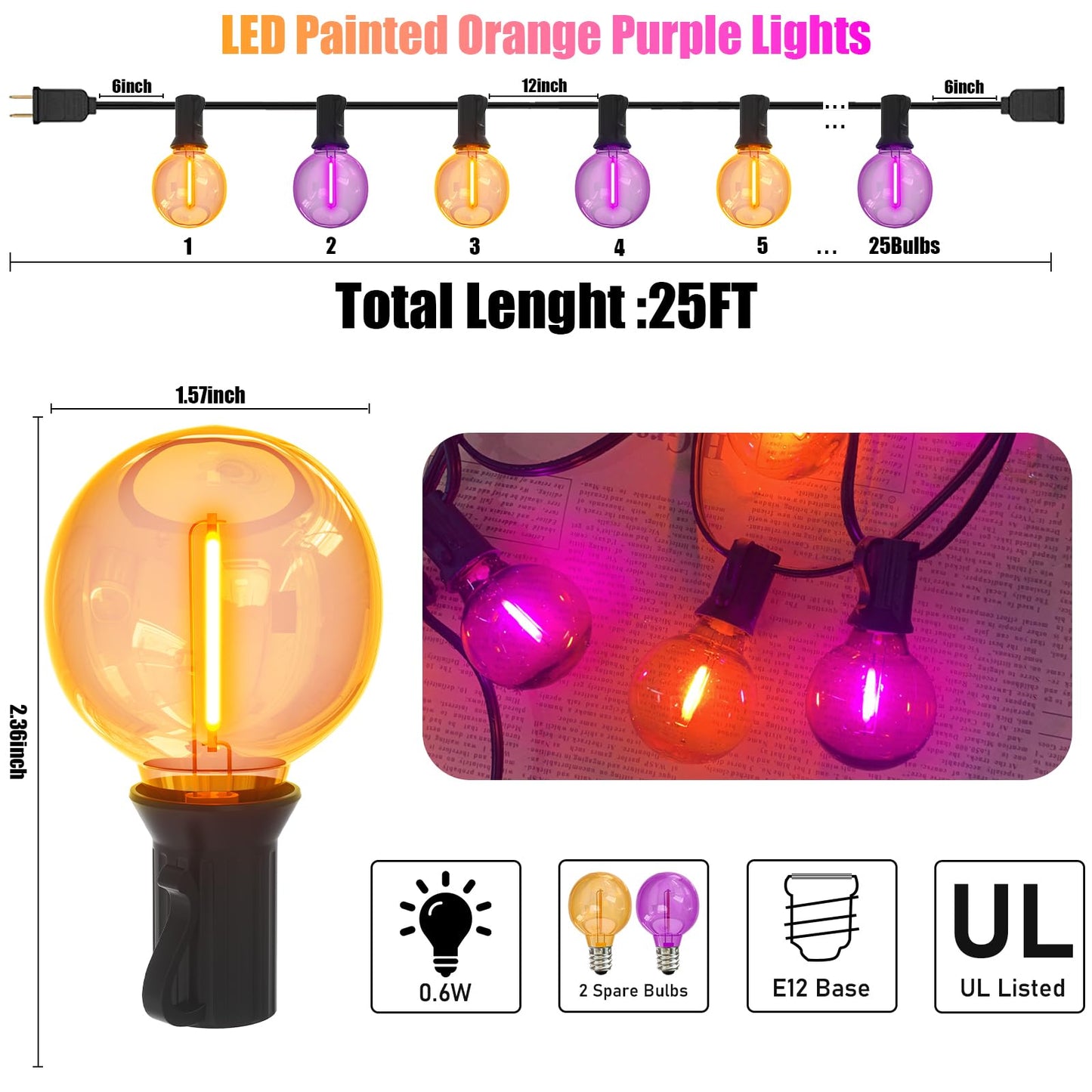 Romasaty Purple and Orange Halloween Lights, 25FT 27 Count Halloween G40 LED String Lights, Indoor Decoration Lights for Outdoor Patio Home Party Garden Yard-Black Wire