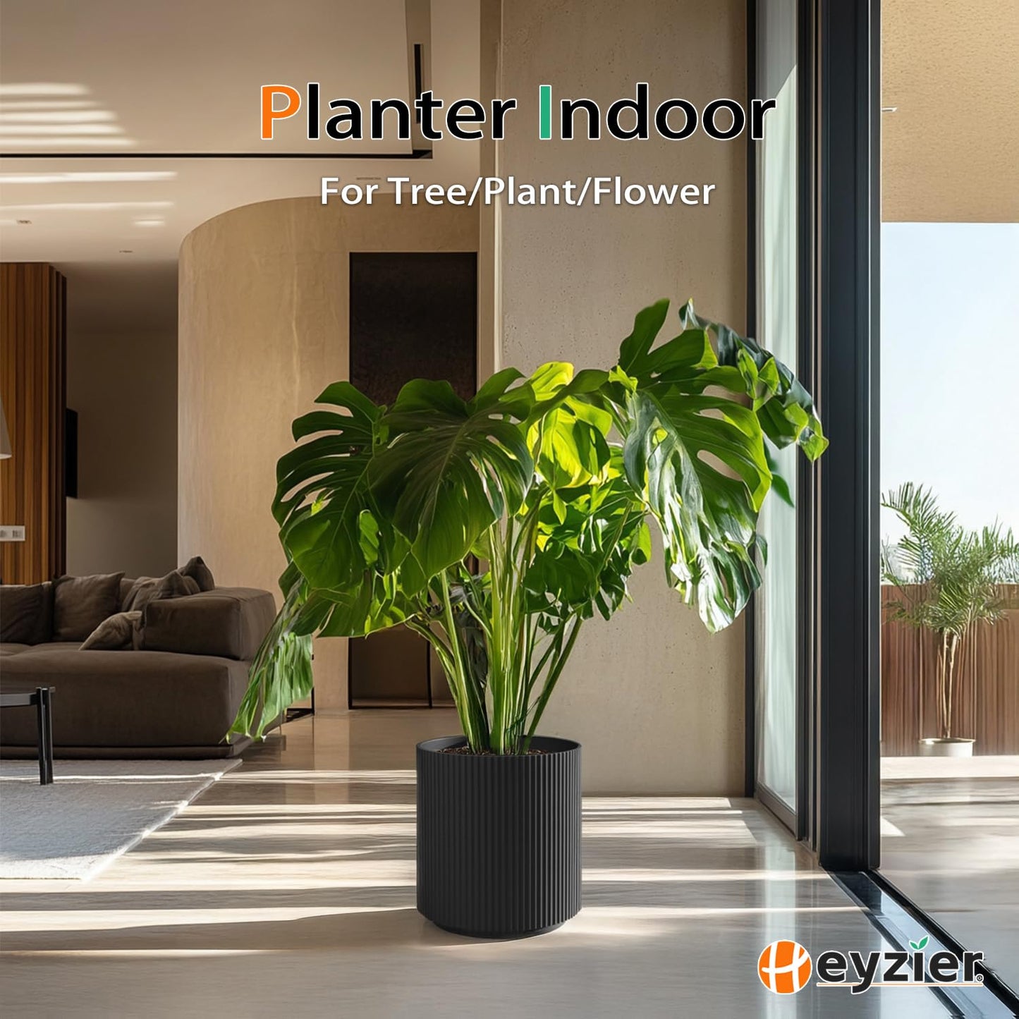 Heyzier Round Planter Outdoor Indoor, Large Plant Pots for Porch, Patio, Backyard, Modern Decor for Tall Plants, Flowers (Vertical Black, 16 inch - 2 Pack)