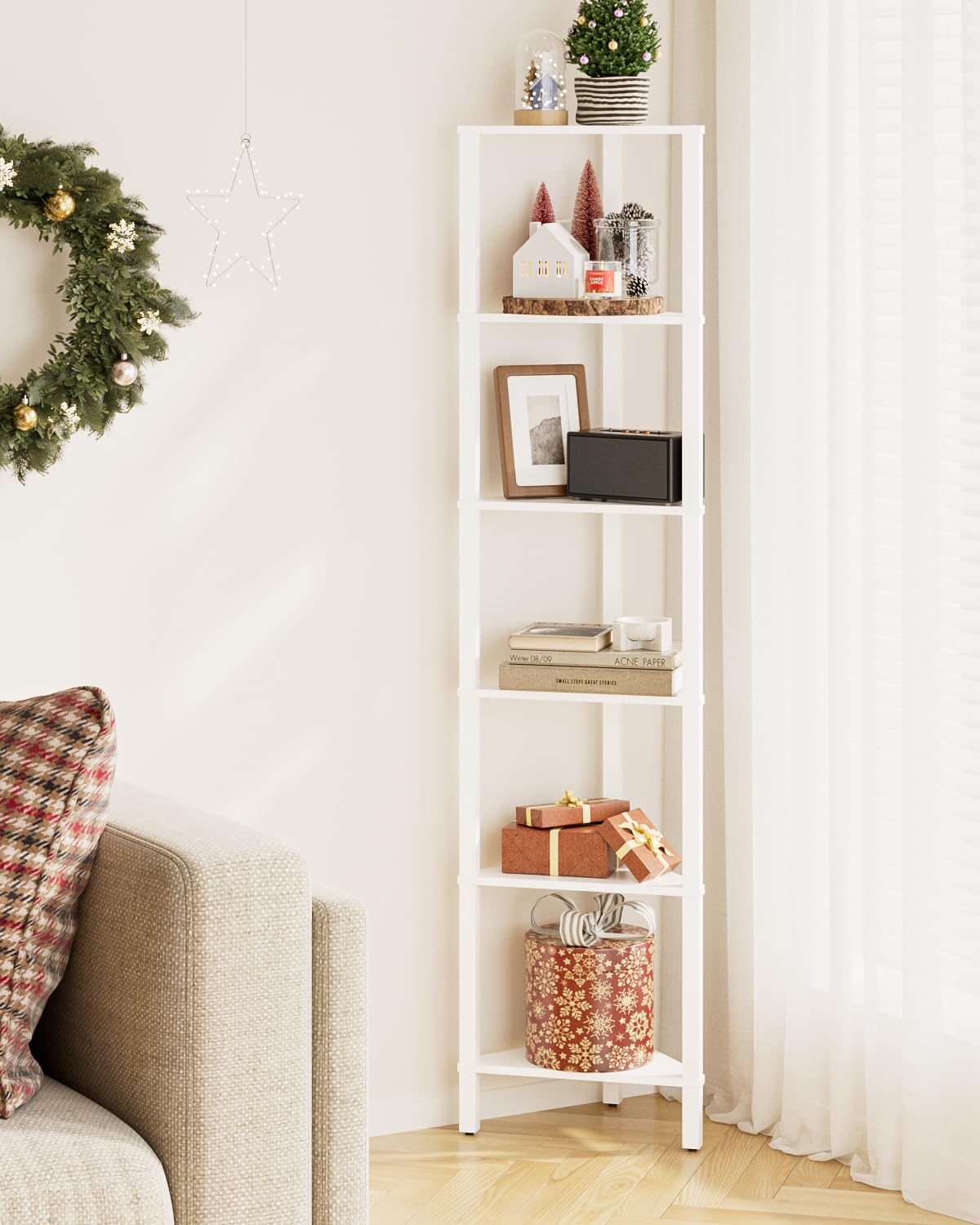 Apetaccat Corner Shelf, 6-Tier Corner Bookshelf, Narrow Display Shelf with Storage Rack,Wood Corner Book Shelf for Living Room, Bedroom, Office, White