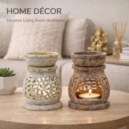 KC Kullicraft Marble Soapstone Candle Aroma Burner | Oil Diffuser | Tea Light Holder | Wax Burner- Handmade Flower Carving for Gifting & Decoration | Decorative Home and Office Decor.