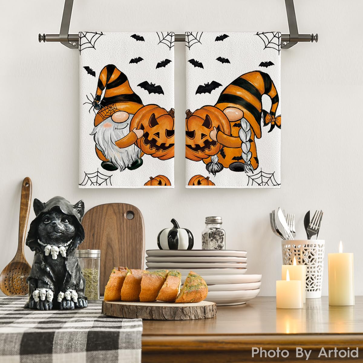 Artoid Mode Pumpkin Gnome Halloween Kitchen Towels Dish Towels, 18x26 Inch Bats Spider Web Jack-O'-Lantern Decoration Hand Towels Set of 2
