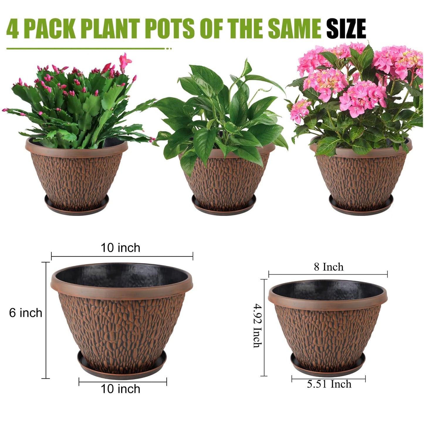 Nooulap 8 Pack Plant Pots for Indoor Outdoor Plants, Plastic Flower Pots Outdoor with Drainage Hole & Tray, Lightweight Planters Garden Home Decor, 4 Pack 8 inch and 4 Pack 10 inch