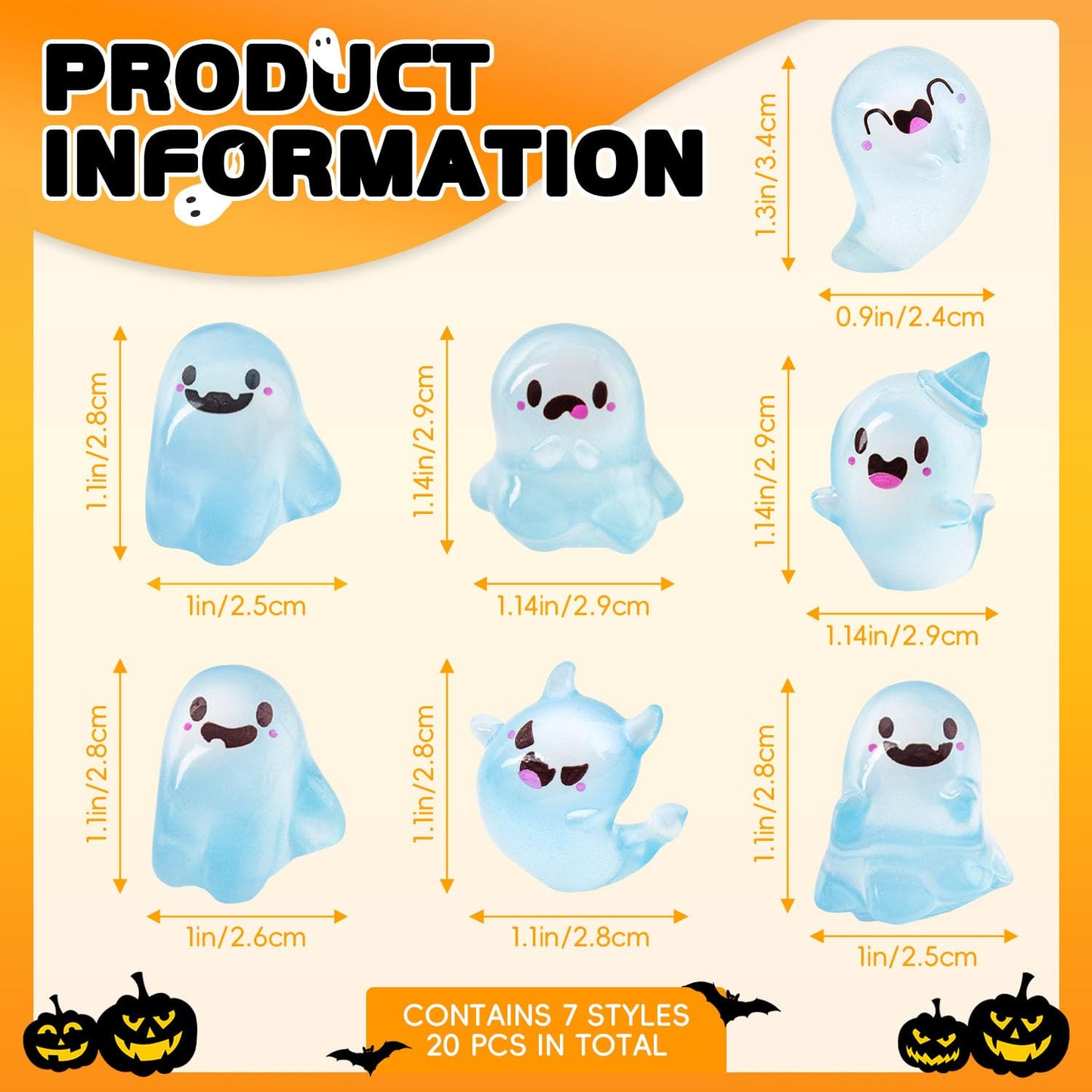 SHIFANQI 20Pcs Halloween Mini Ghost Figurines, Luminous Small Resin Ghosts Figures Ornaments, Miniature Statue for Halloween Garden Decor Party Favors Outdoor Landscape Lawn Decorations