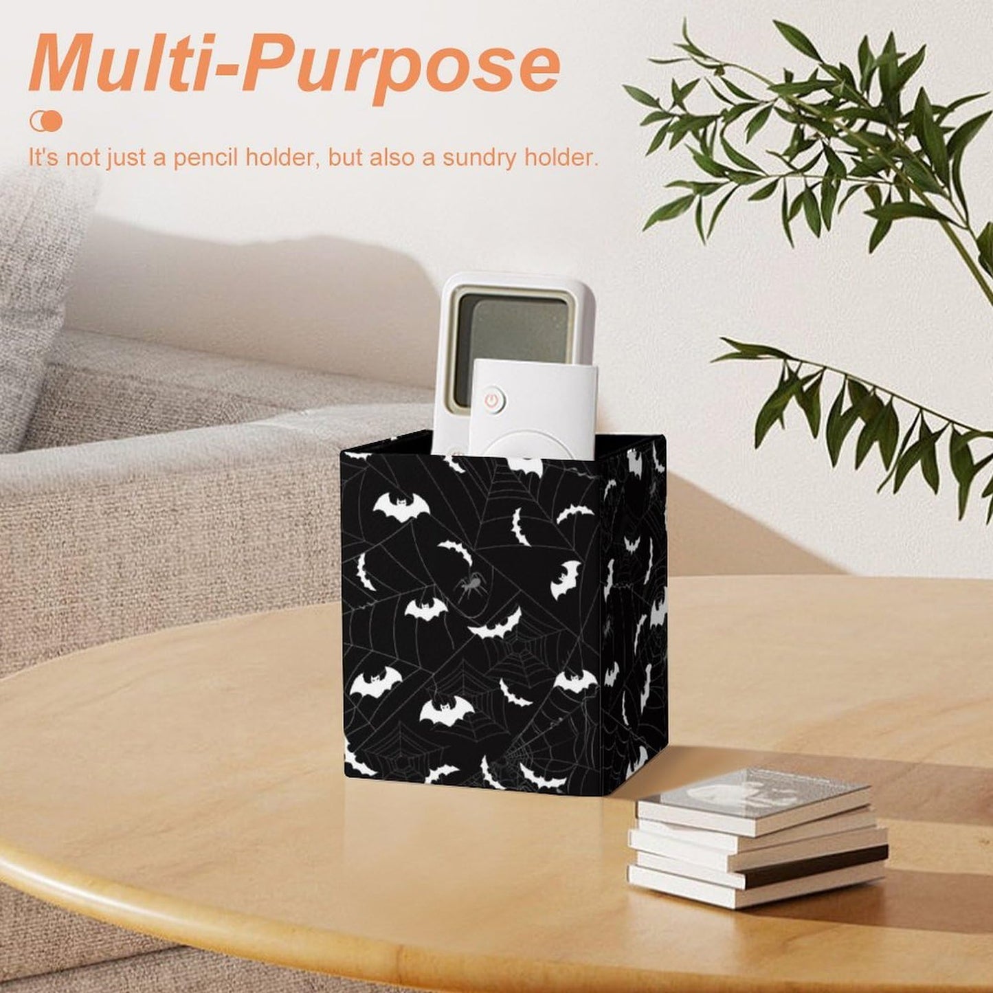 DerlonKaje Bats Square Leather Pen Holder, Minimalist Desk Organizer for Office Home School, Pencil & Stationery Storage Box, Gift for Students Teachers Colleagues