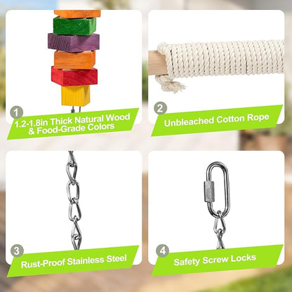 4lb Heavy Duty Bird Toys for Large Parrots - 21.6" Giant Refillable Parrot Toy Swing for Macaws & Cockatoos, Large Natural Wooden Block Chew & Shredding Toy,Beak Health