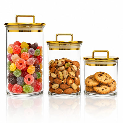 3-Pack Clear Acrylic Apothecary Jars with Gold Lids, Gold Candy Jar for Coffee Bar, Bathroom Vanity Canisters for Q-Tips, Cotton Balls & Small Treats