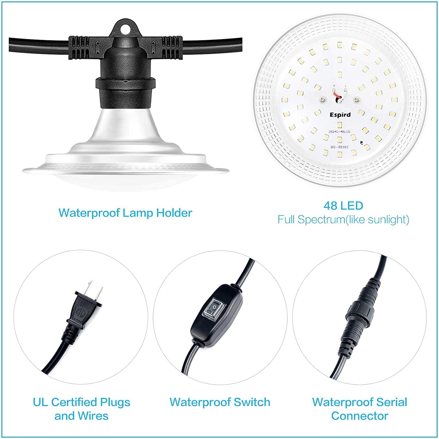 Espird 6-Light LED Grow Light Plant Growing Lamps with Timer, Outdoor Waterproof Grow Light String for Greenhouse, Full Spectrum Grow for Seeding Veg Flowers