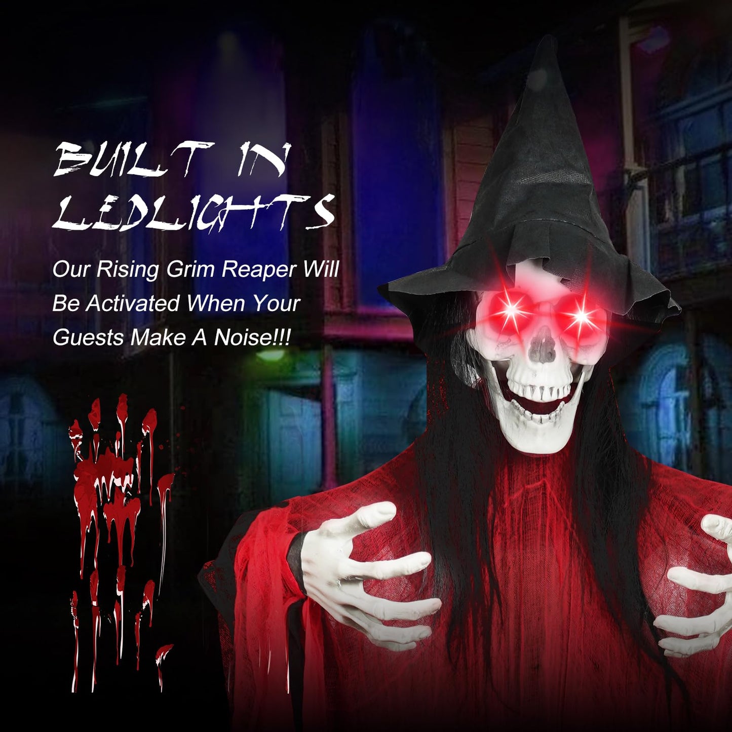74.8" Halloween Decorations Outdoor - Moving Life-Size Skeleton Witch with Glowing Eyes, Sound-Actived Halloween Party Decoration with Creepy Sound (RED)