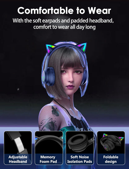 ONITOON Cat Ear Bluetooth Headphones for Kids & Adults, 55H Play Time, Wireless Foldable & Wired Multi-Function LED Light Up Over Ear Headphones with Mic and Volume Control for iPhone/iPad/Laptop/PC