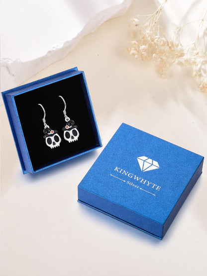 KINGWHYTE Skull Earrings 925 Sterling Silver Gothic Spooky Halloween Earrings Dangle Skull Earrings with Hat Halloween Jewelry Gifts for Women