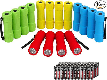 EverBrite 16-Pack Mini LED Flashlight Set, Small Flash Lights Assorted 4 Colors, 48 AAA Batteries Included, for Emergency, Camping, Hiking, Outdoor Activities, Bulk Holiday Gifts