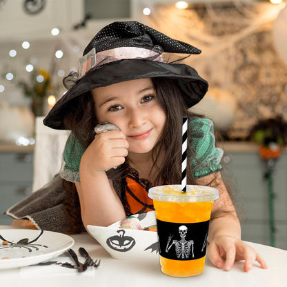 JarThenaAMCS 50Pcs Halloween Disposable Plastic Cups with Lids and Straws 12oz Funny Skeleton Cold Beverage Drinking Cups for Birthday Goth Party Supplies