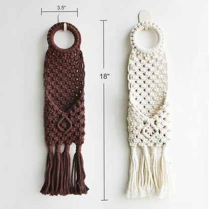 Macravine 2-Pack Boho Phone Hanger on wall, Macrame Remote Control Hanging, Chic Home Decoration Crochet Hanging Organizer, Boho Key Holder 18"X3.5"(Brown+Beige)