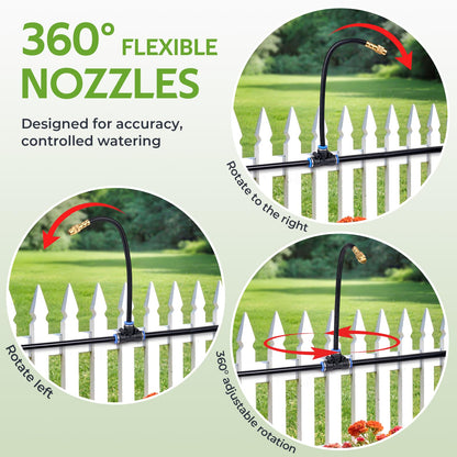HIRALIY 360° Adjustable Drip Irrigation System 33FT, 1/4" Tubing with 5 Adjustable Copper Nozzles, Automatic Atomizing Watering Kit for Garden, Yard, Lawn, Greenhouse & Potted Plants