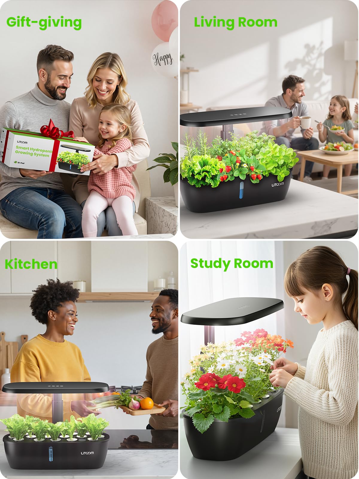 litokam Hydroponics Growing System Kit, 15-Pod Indoor Herb Garden Planter with 24W Grow Light & APP Control, Indoor Gardening System with 2 Grow Modes, Quiet Pump & 24H Timer