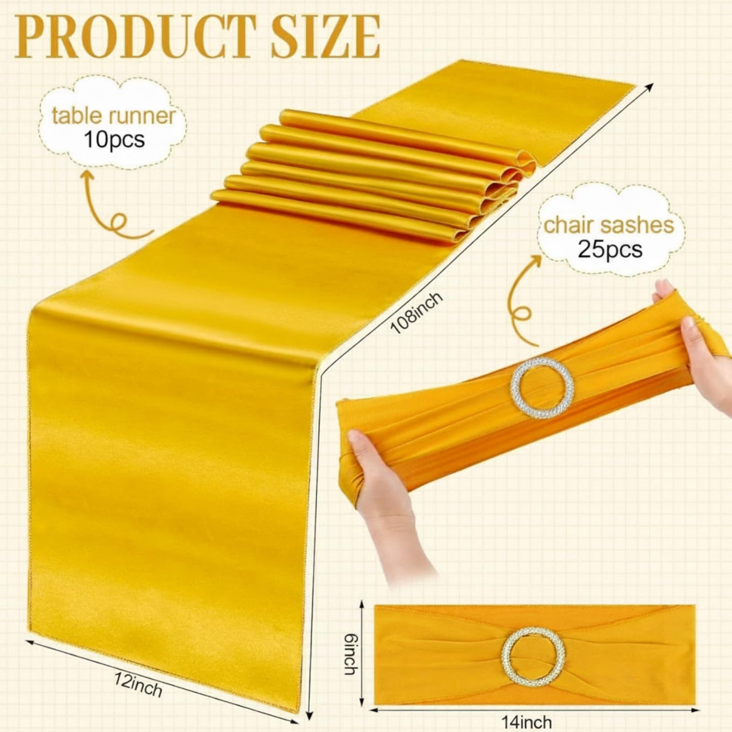 Hosuly 25 Pcs Gold Chair Sashes Bow with 10 Pcs Satin Table Runner Spandex Chair Sashes with Buckle Slider Satin Silk Runner for Wedding Ceremony Banquet Hotel Party Rectangle Round Table Decor
