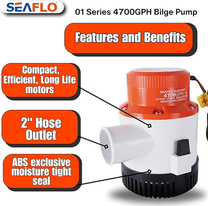 SEAFLO 01 Series 4700 GPH Bilge Pump – 12V, 2" Outlet, Marine Submersible Pump, Anti-Airlock Protection, Snap-Off Strainer Base, CE & RoHS Certified – 4-Year Warranty