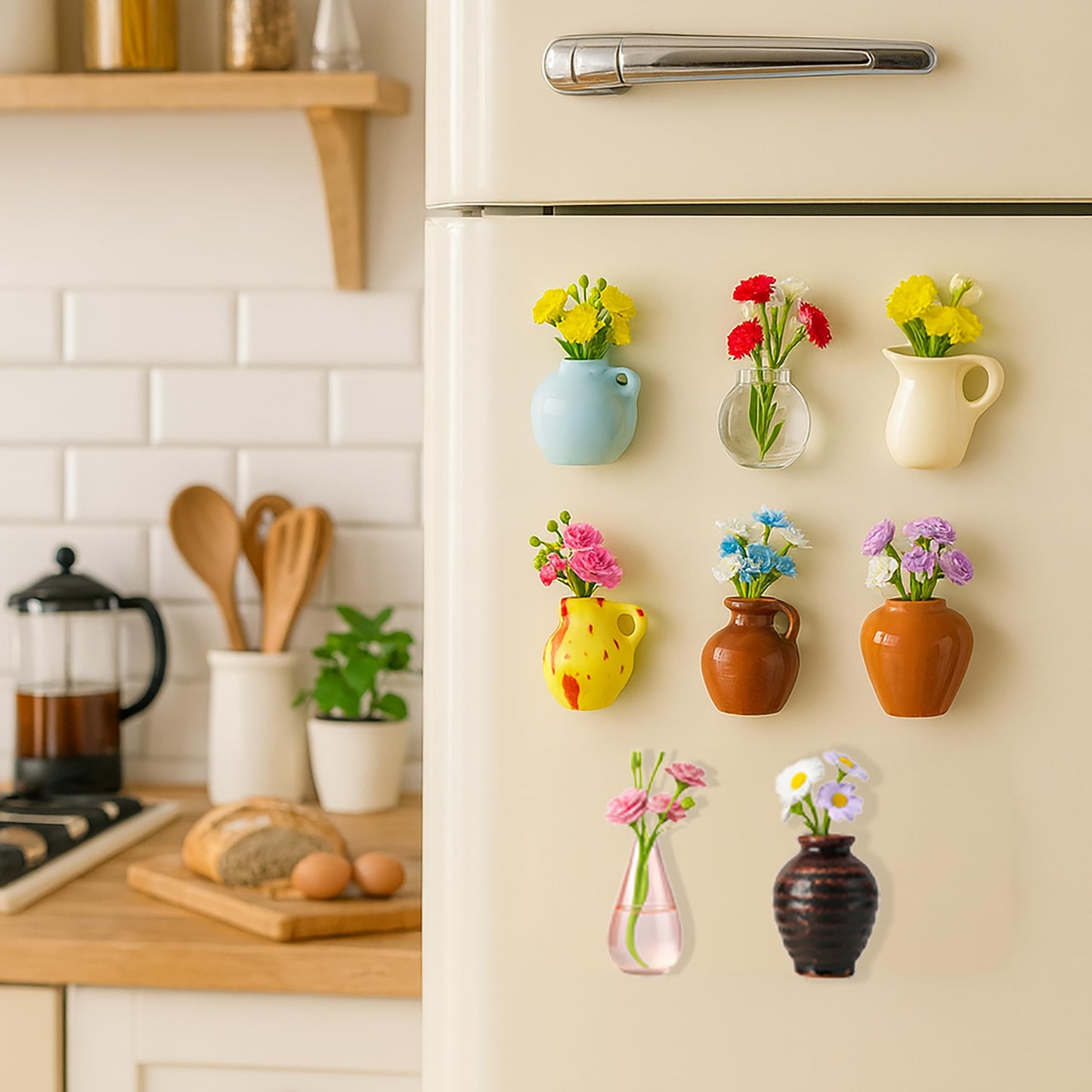 Mini Vase Magnets for Fridge - 8-Pack Cute Ceramic Pots with Artificial Flowers, Decor for Home,Office, White Board, Kitchen