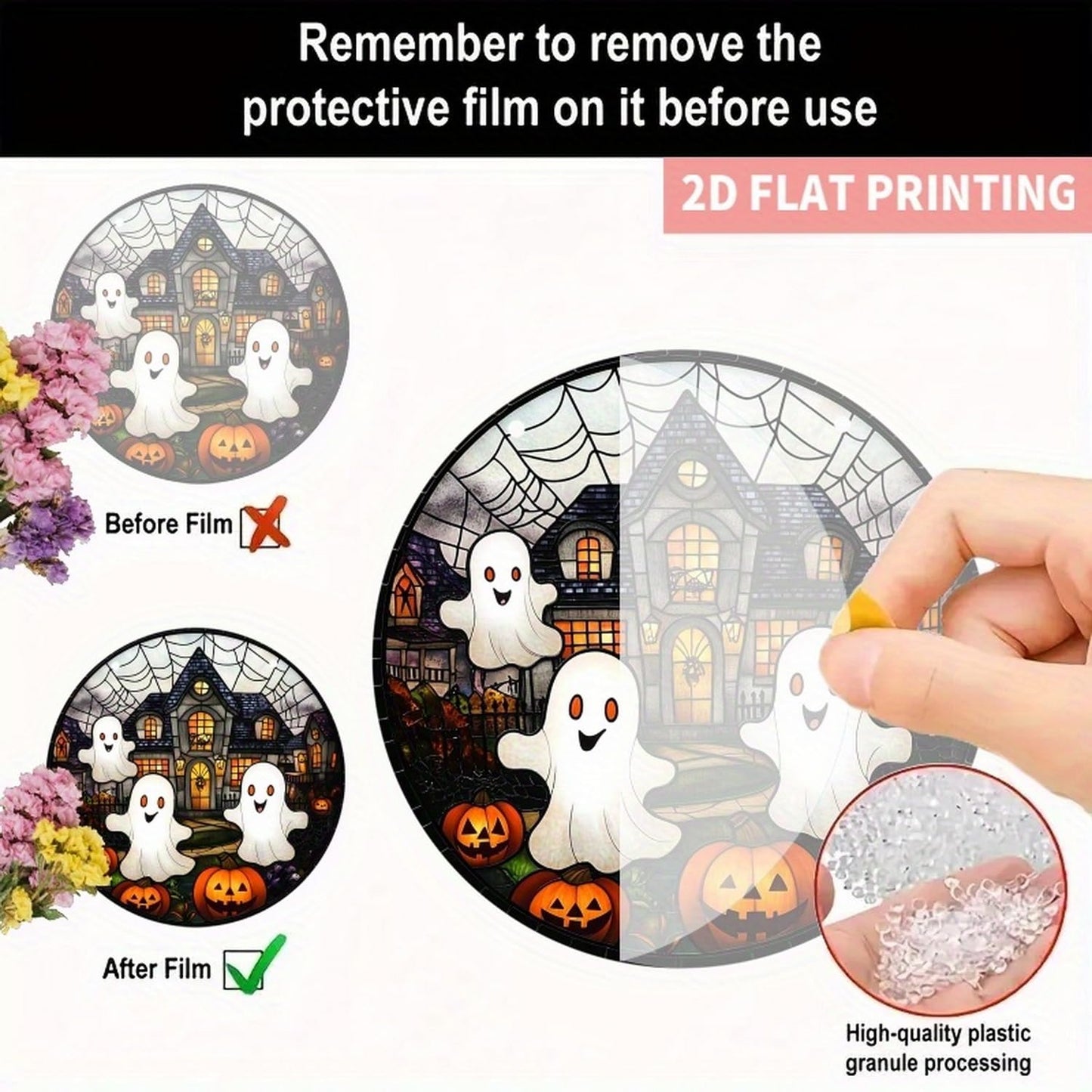 7.9inch Cute Halloween Suncatcher for Window Hanging,Ghost Pumpkin Castle Acrylic Suncatcher with Chain Halloween Window Decor for Home, Garden, Housewarming Round Ornament, Gift for Women Friend