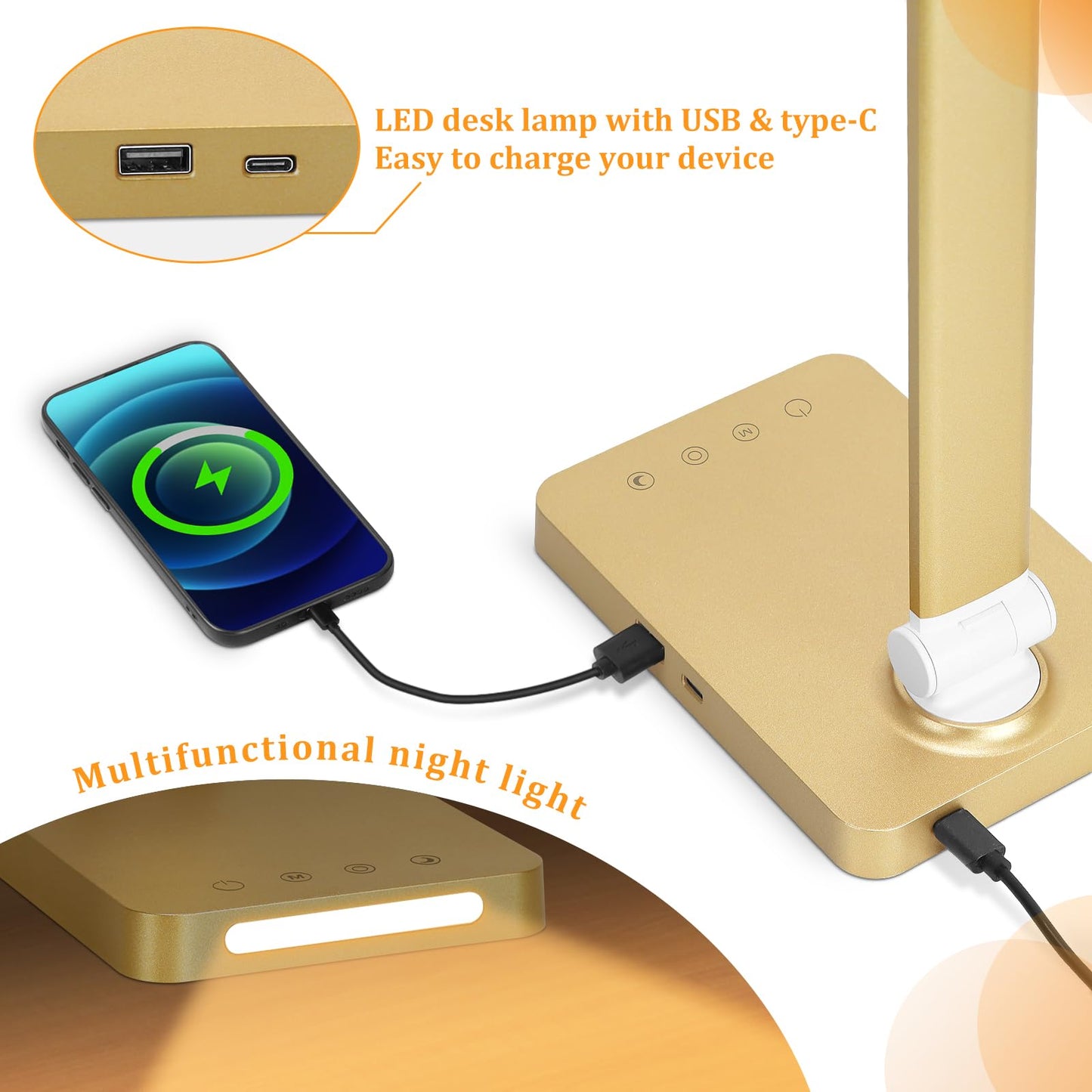 LED Desk Lamp with USB Ports,Touch Desk Lamps for Home Office with 5 Color Modes,3 Brightness Desk Light with Small Night Light,Reading Lamp Table Lamp for Bedroom Bedside Study Black （with adapter）