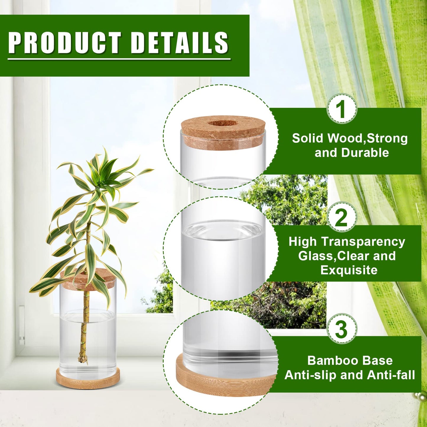 Rtteri 6 Pcs Glass Propagation Stations for Plants, Desktop Flower Vases, Plant Terrarium Desktop Glass Planters with Lid and Wooden Saucer for Home Decoration(2.56 x 4)