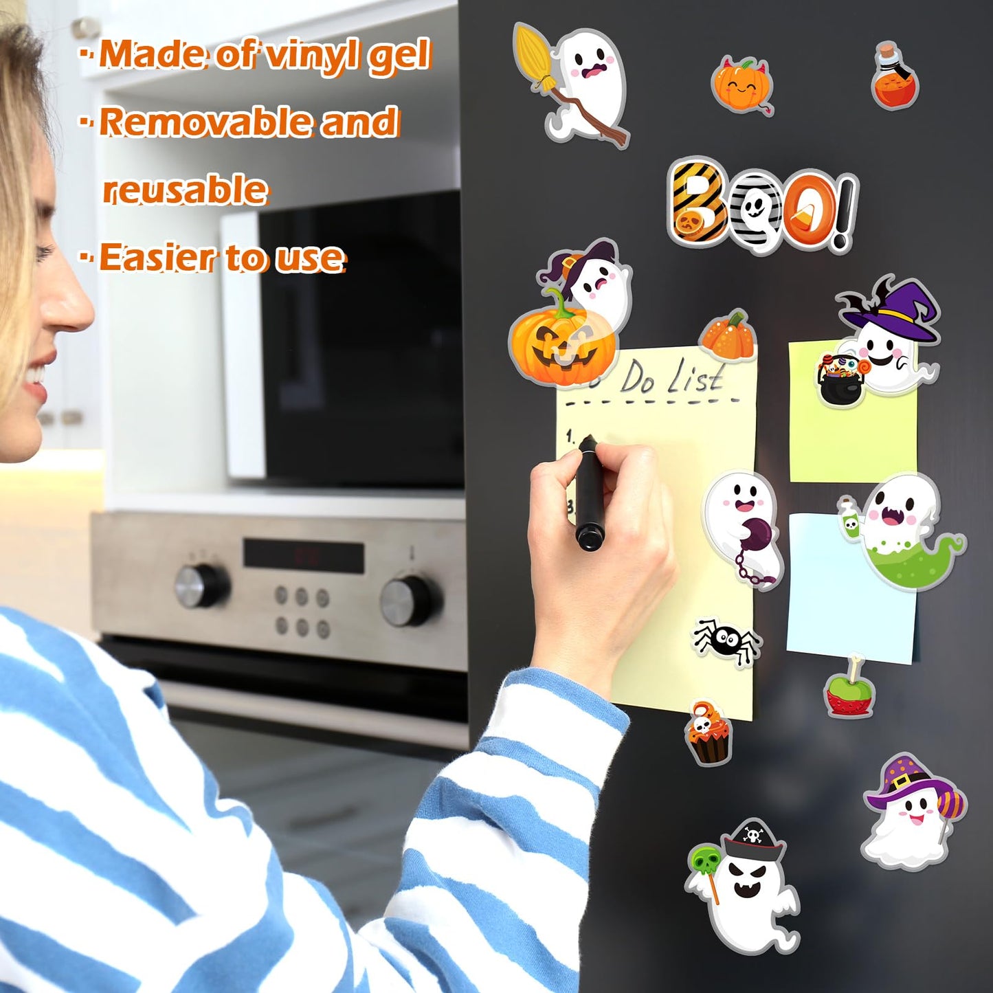 Whaline 32Pcs Halloween Thick Gel Window Clings Cute Ghost Pumpkin Boo Gel Decals for Holiday Home Classroom Nursery Glass Decor, 2 Sheets