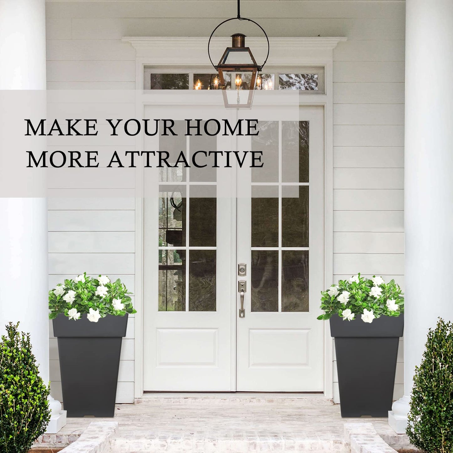 Tall Planters for Outdoor Plants, 20 Inch Movable Drainage Large Outdoor Planter Indoor Planters, Set of 2 Plastic Planters for Front Porch Door Garden Balcony Deck, Dark Gray 20"