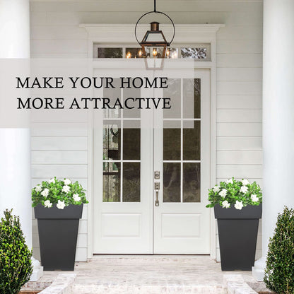 Tall Planters for Outdoor Plants, 20 Inch Movable Drainage Large Outdoor Planter Indoor Planters, Set of 2 Plastic Planters for Front Porch Door Garden Balcony Deck, Dark Gray 20"