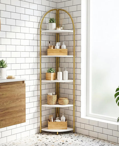 Rifoer 5 Tier Corner Shelf, Luxury Gold Corner Plant Stand with White Wood Shelves,Modern Metal Corner Bookshelf Display Rack,Premium Corner Storage Shelving Unit for Living Room,Bedroom,Bathroom