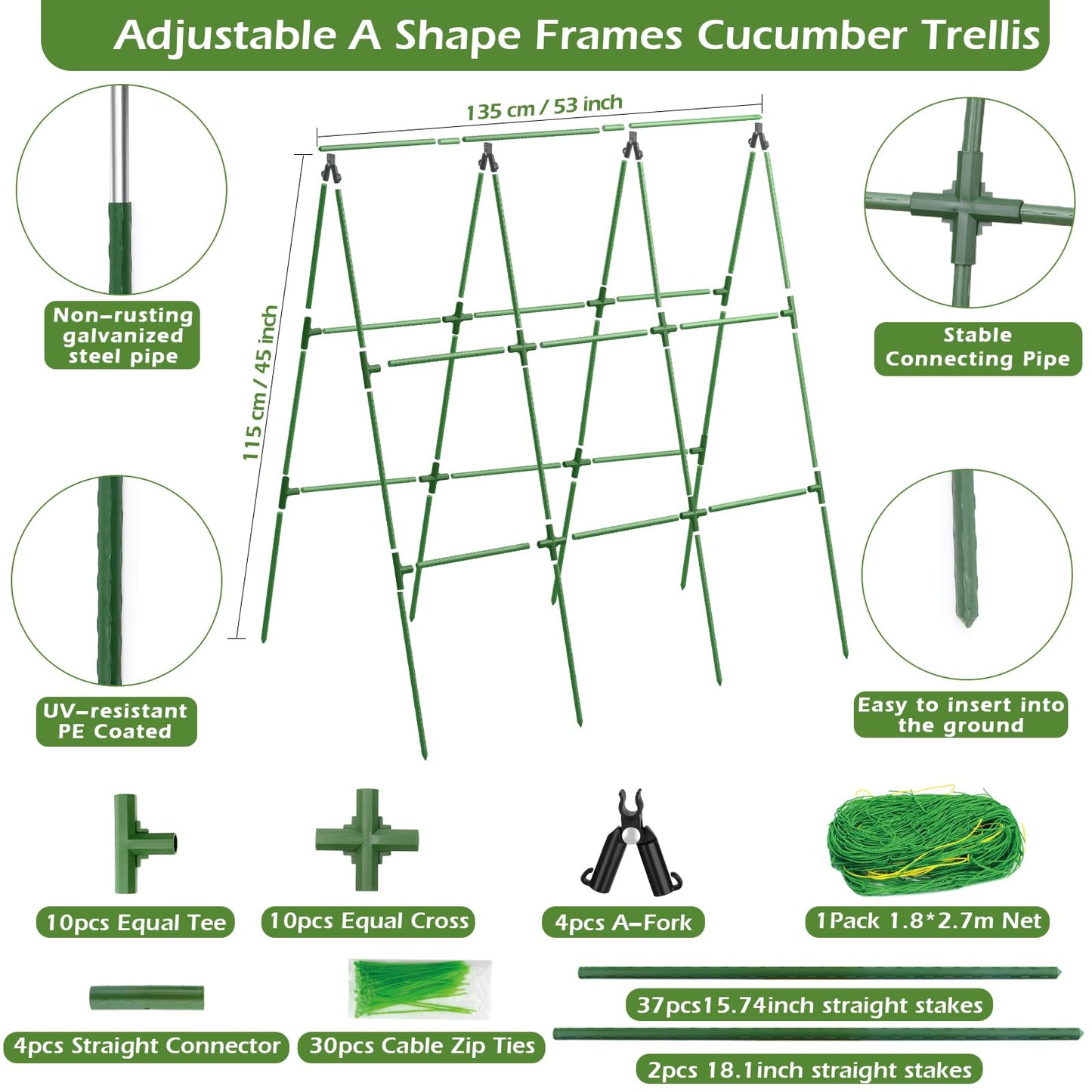 Cucumber Trellis for Raised Beds, 45 x 53 Inch Adjustable Size A-Frame Garden Trellis for Climbing Plant Outdoors with Climbing Net and Plant Support Clip for Vegetable Grape Tomato Bean Pea