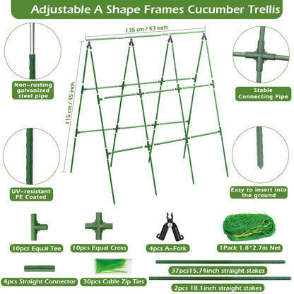 Cucumber Trellis for Raised Beds, 45 x 53 Inch Adjustable Size A-Frame Garden Trellis for Climbing Plant Outdoors with Climbing Net and Plant Support Clip for Vegetable Grape Tomato Bean Pea