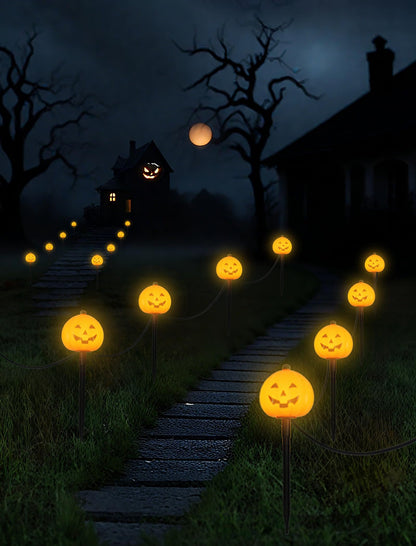 4 Pack Halloween Pumpkin Pathway Marker Lights with C7 Clear Bulbs, 7Ft Pumpkin Night Light with 4 Stakes, Extendable Waterproof Pathway Decor for Yard Porch Lawn Pathway Garden Chirstmas
